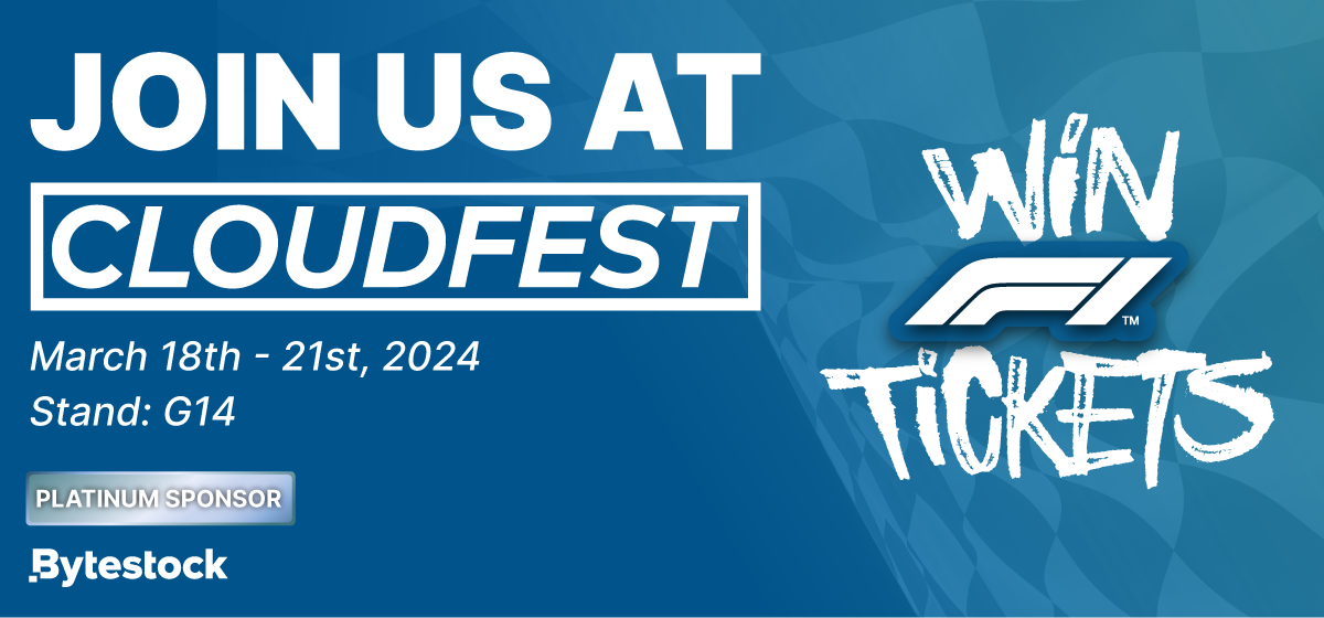 CloudFest pre-show email banner — 'Join us at CloudFest, Stand G14, win F1 tickets'