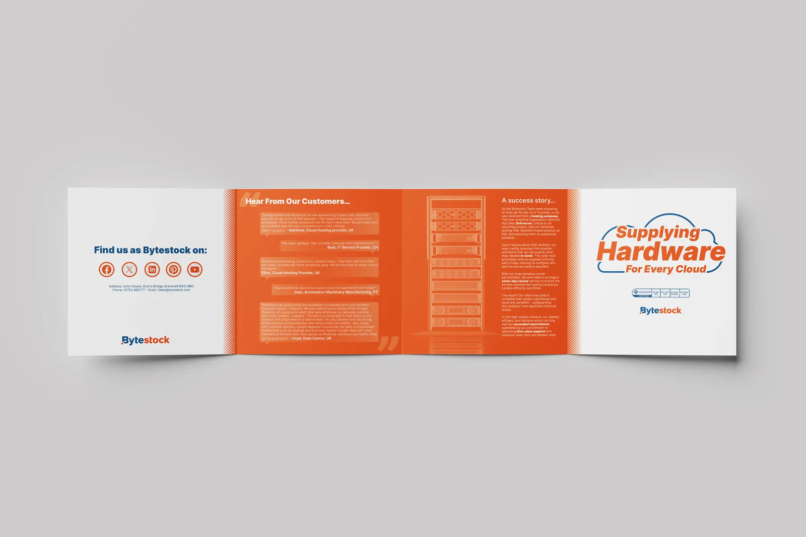 CloudFest gatefold leaflet, outside — customer quotes and 'Supplying hardware for every cloud'