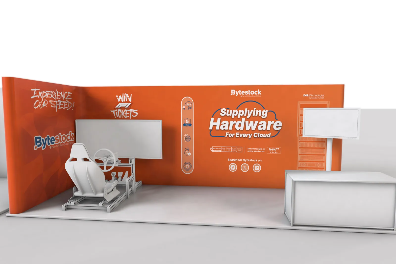 Bytestock CloudFest stand visualised in 3D — orange brand wall, F1 racing sim, reception desk