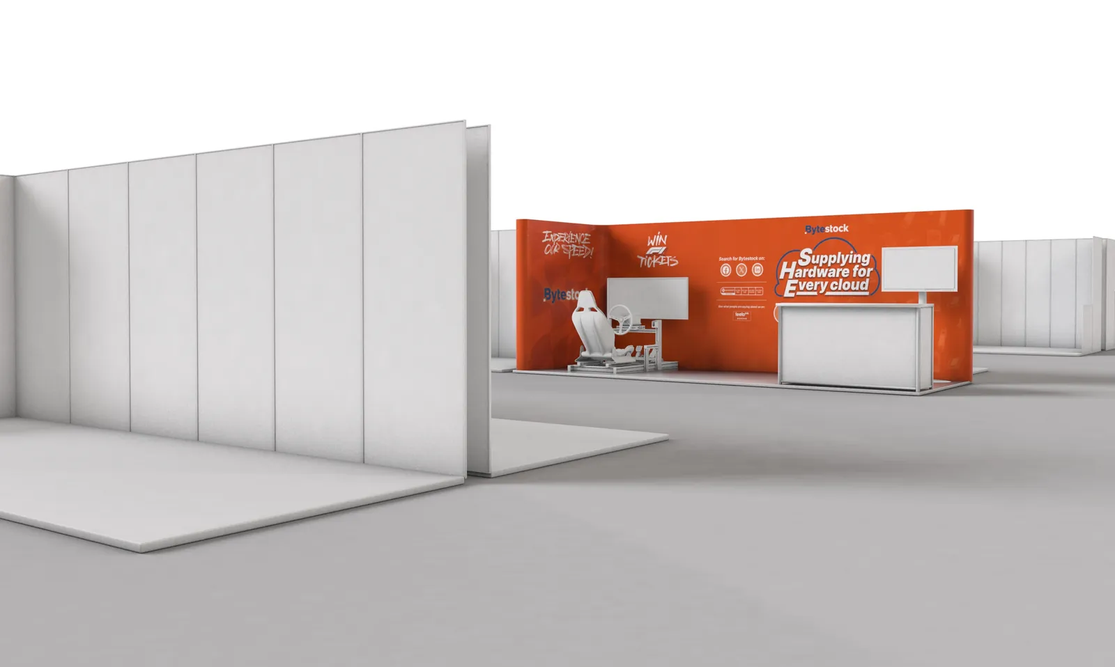 Bytestock CloudFest stand layout visualised in 3D within the exhibition hall