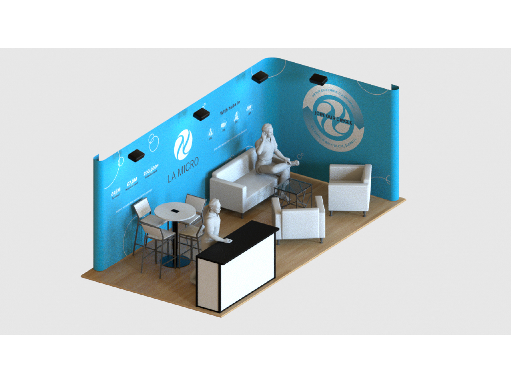 LA Micro stand, 3D perspective — lounge seating, bar table, reception desk