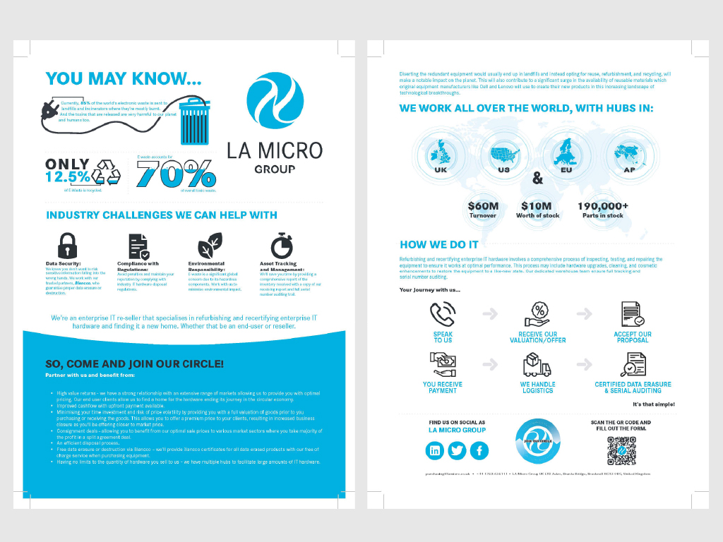 LA Micro ITAD leaflet spread — industry challenges, global hubs and 'Join Our Circle'