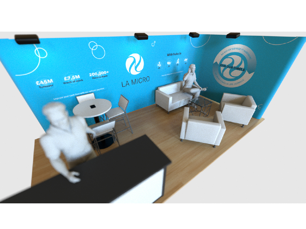 LA Micro stand, 3D overhead — full lounge layout and brand wall