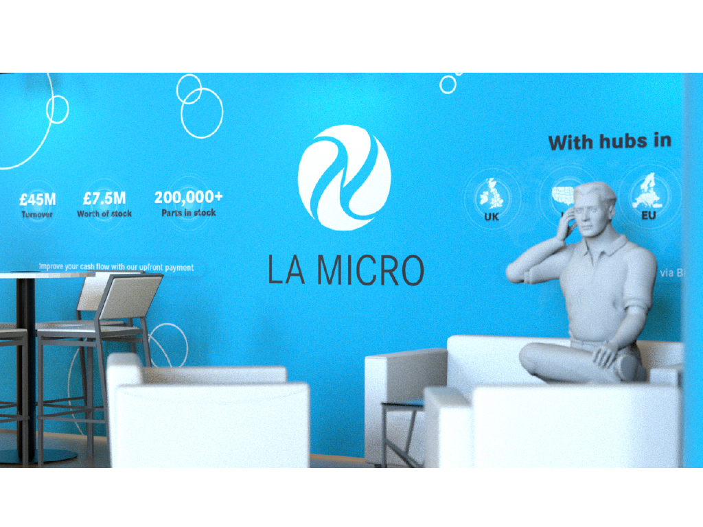 LA Micro brand wall detail — logo and key facts