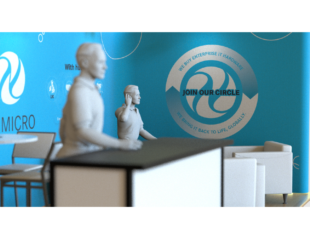 LA Micro reception desk and 'Join Our Circle' wall graphic