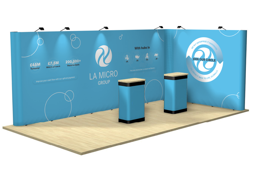 LA Micro ITAD Summit stand visualised in 3D — blue brand wall and lounge layout