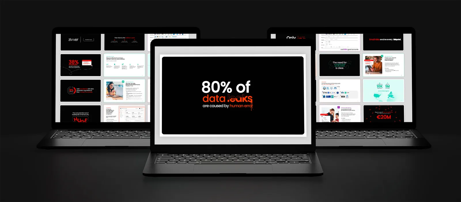 The Zivver sales deck on three laptops: the centre screen shows the human-error statistic slide, with grids of story and product slides on the screens either side